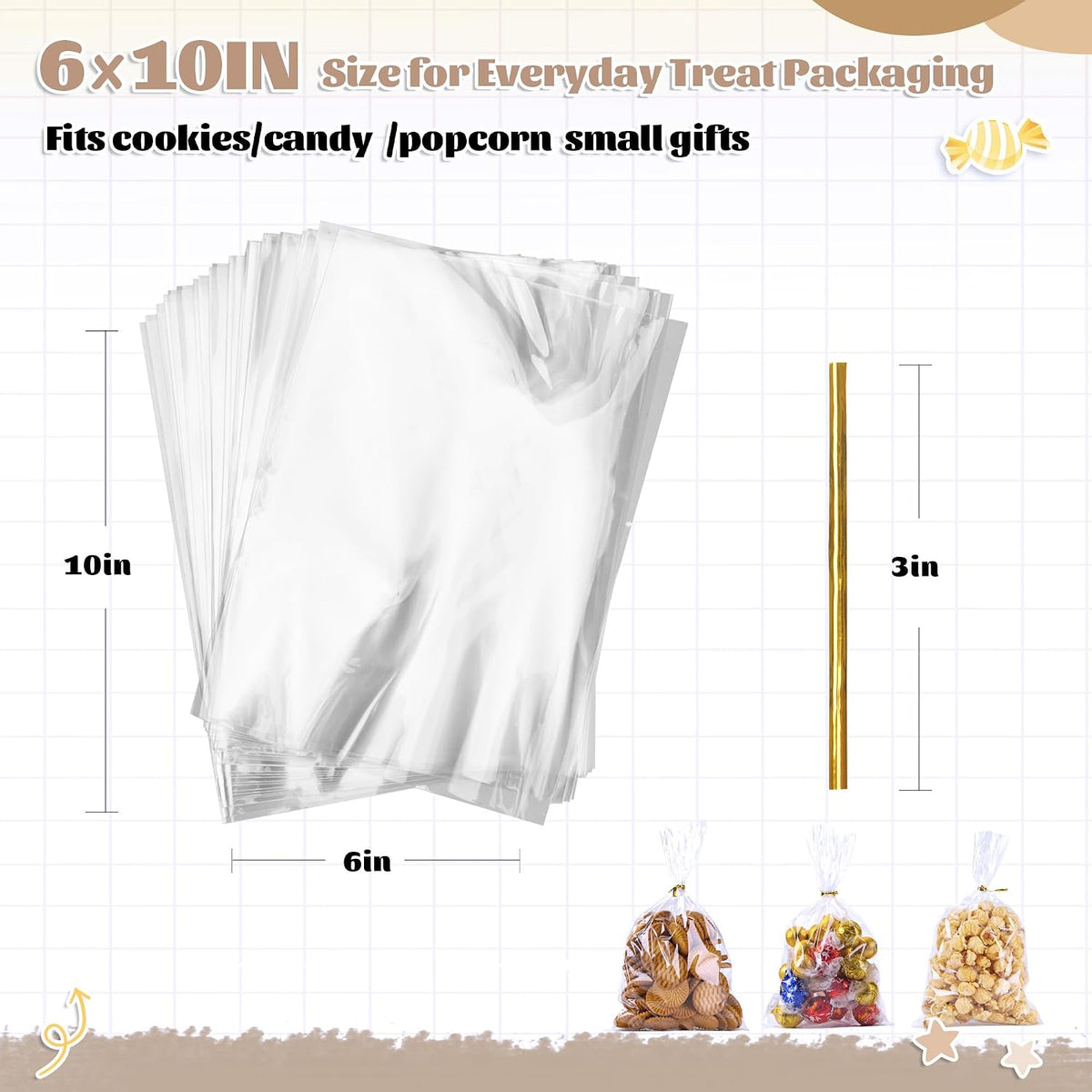 LOKQING Cellophane Goodie Bags – Kids Birthday Party Favor Packaging, Food Safe 6x10 Inch 100 Pack Clear with Ties