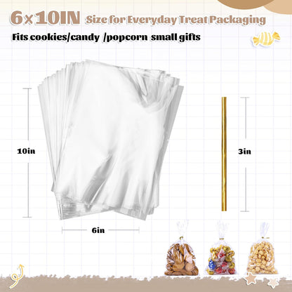 LOKQING Cellophane Goodie Bags – Kids Birthday Party Favor Packaging, Food Safe 6x10 Inch 100 Pack Clear with Ties