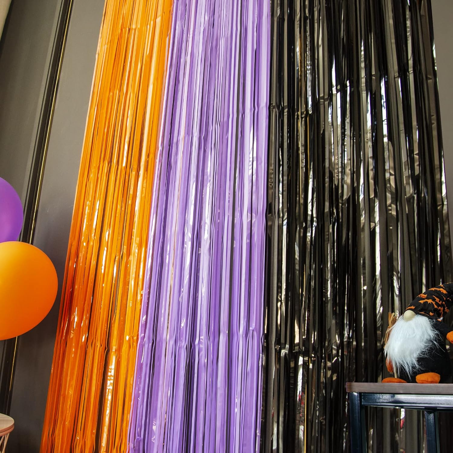 LOLStar Halloween Tinsel Curtain – Thoughtful Housewarming and Holiday Gift for Decor Lovers, Shiny Orange Purple Black Fringe Set