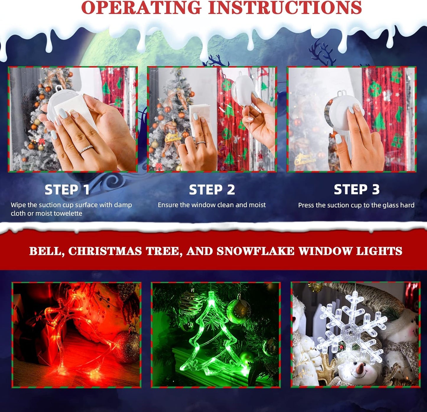 LOLStar Suction Cup Christmas Lights – 3-Pack Battery Operated Window Ornaments for Modern Holiday Home Decor