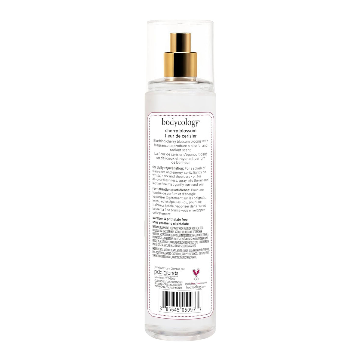 long-lasting body mist formulation with top, middle, and base notes (cherry blossom, peach, patchouli musk, vanilla)