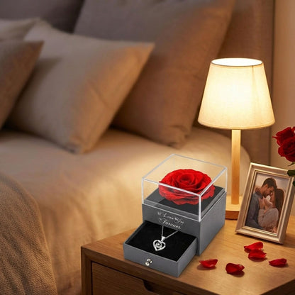 LOVEISON Eternal Rose Floral Display for Vanity and Dresser – Decorative Red Rose Accent Paired with I Love You Sterling Silver Necklace