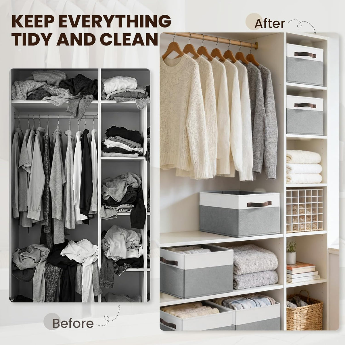 Lukondee Decorative Storage Baskets for Linen Closet and Living Room, Neutral Fabric Bins with Handles