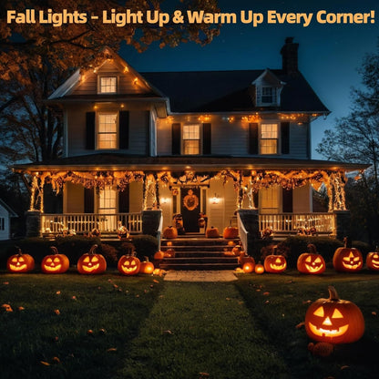 LumDecor Child Safe Fall Lights – Flameless Incandescent Orange String Lights Brown Wire, Cool to Touch Worry Free Family Halloween Decor