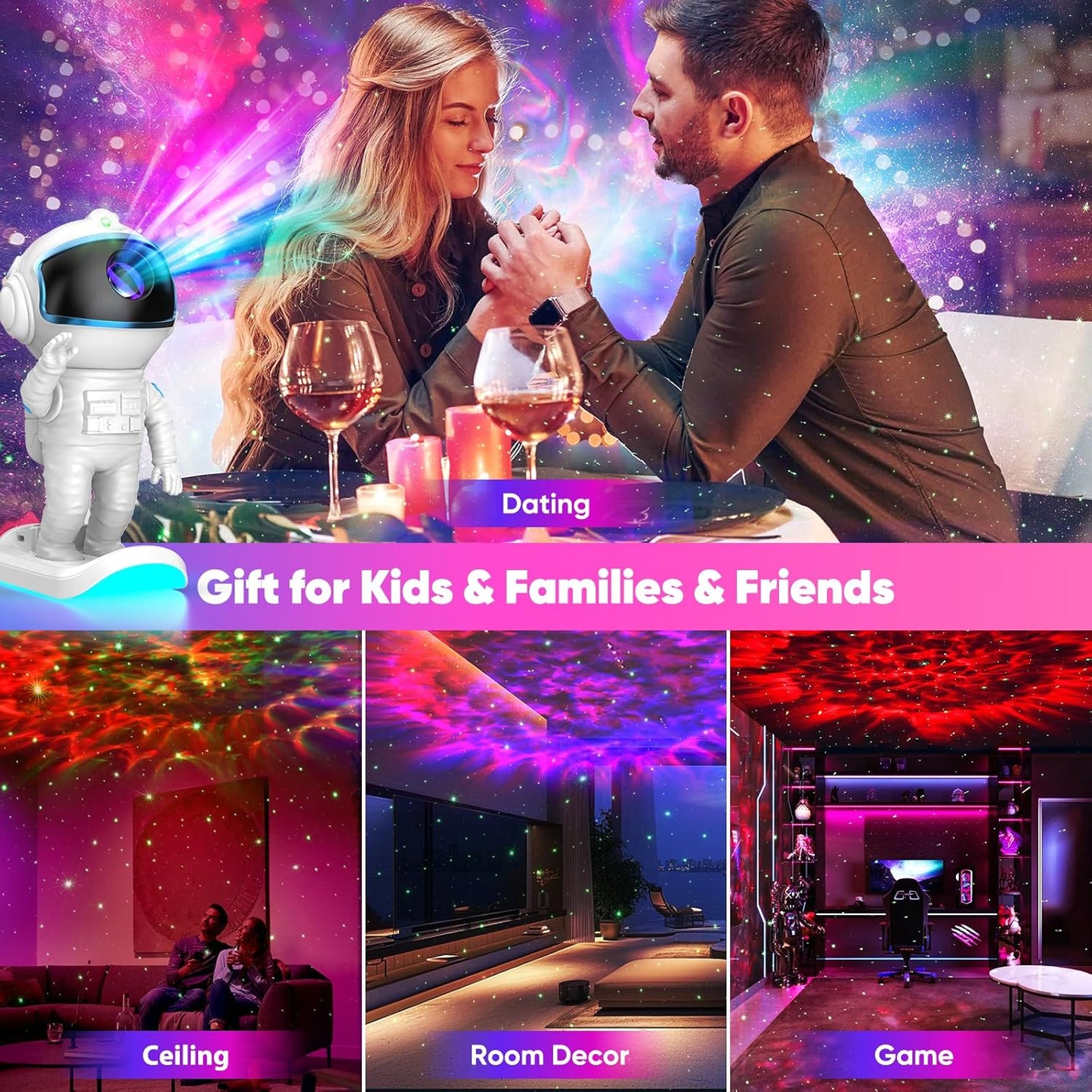 LumiGalaxy Star Projector with Timer – Baby-Safe LED Night Light for Bedroom, Cool-Touch Astronaut Lamp for Children's Room