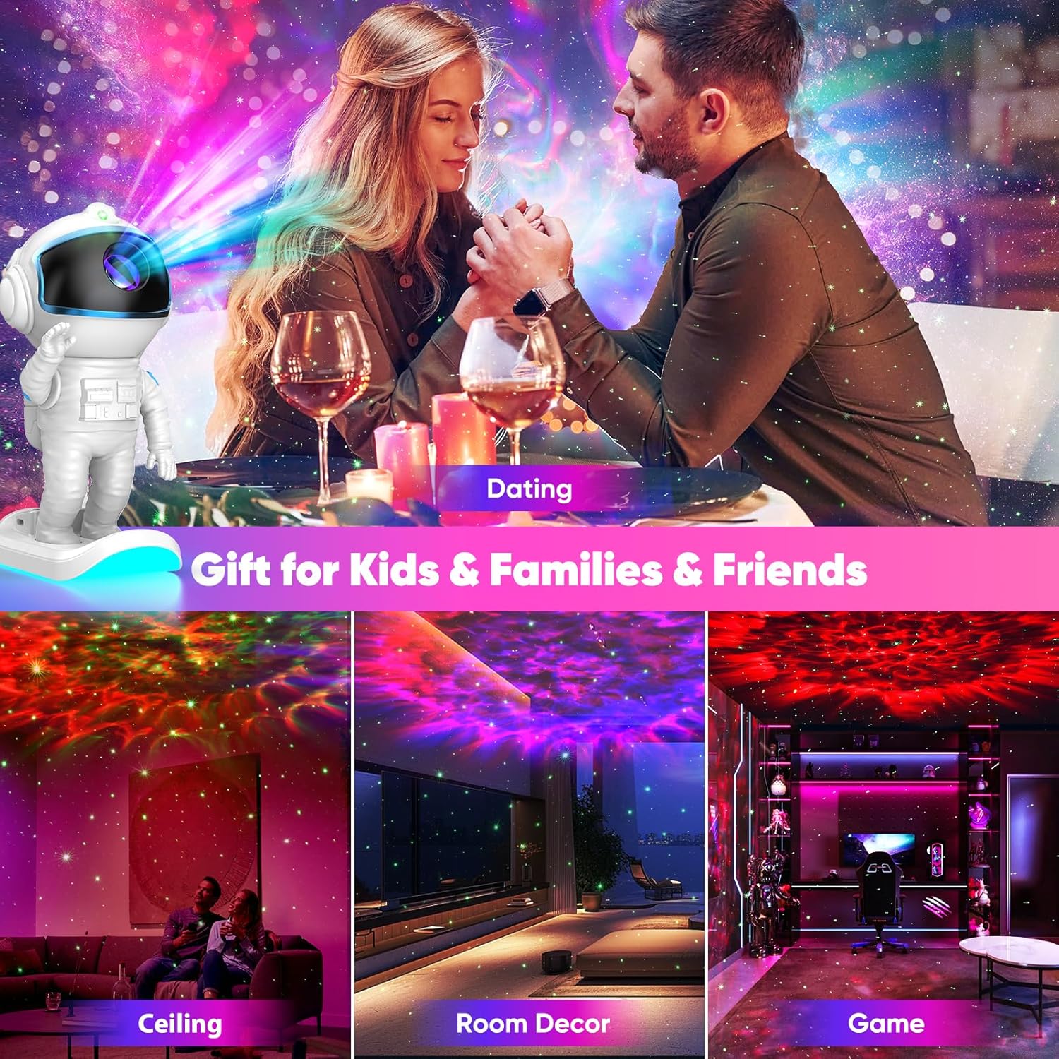 LumiGalaxy Star Projector with Timer – Baby-Safe LED Night Light for Bedroom, Cool-Touch Astronaut Lamp for Children's Room