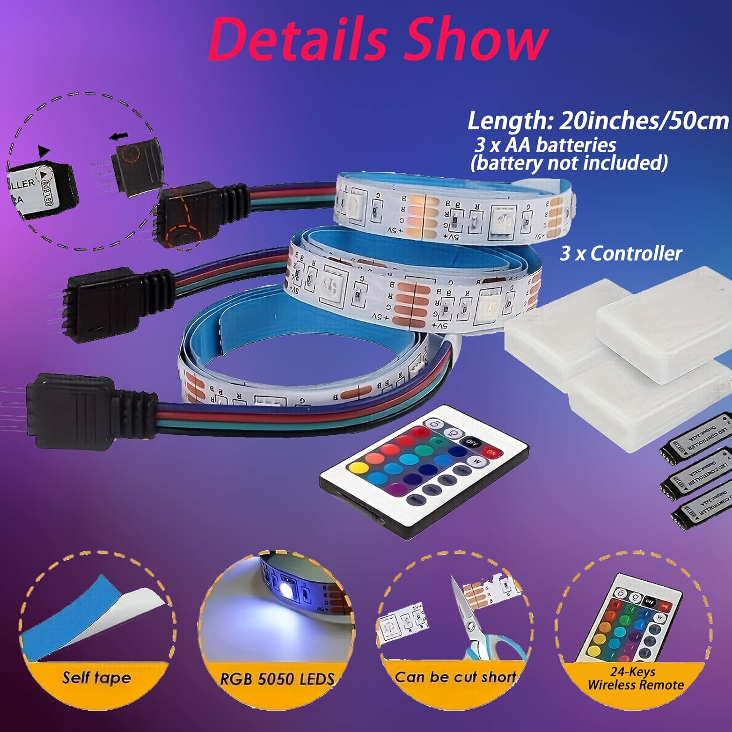 LuminGlow Wireless RGB Strip Lights – 5V Battery Operated Accent Lighting for Safer Holiday Decorating