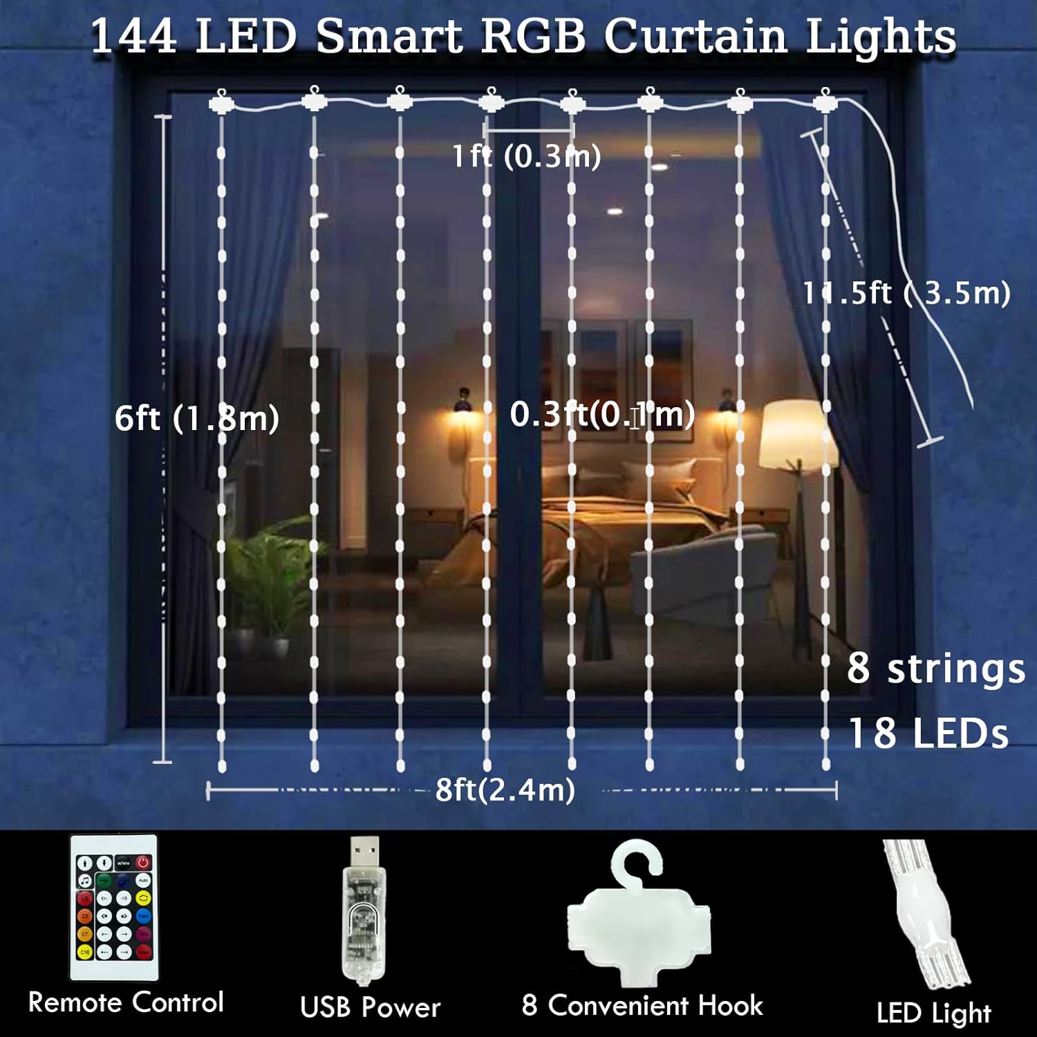 LuminVue Smart Curtain Lights – Cozy Dorm Room Aesthetic with 16 Million Color Modes, USB Powered 8x6ft Drape