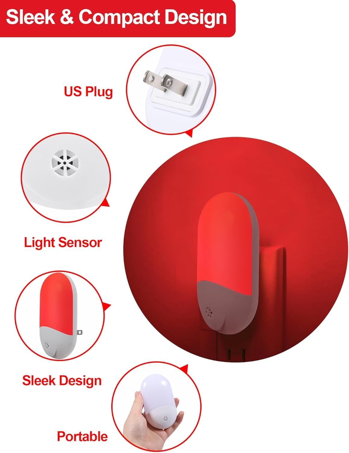LumiRed Understated Red Night Light for Whole Home Coverage, Retains Second Outlet Clean Design 4-Pack