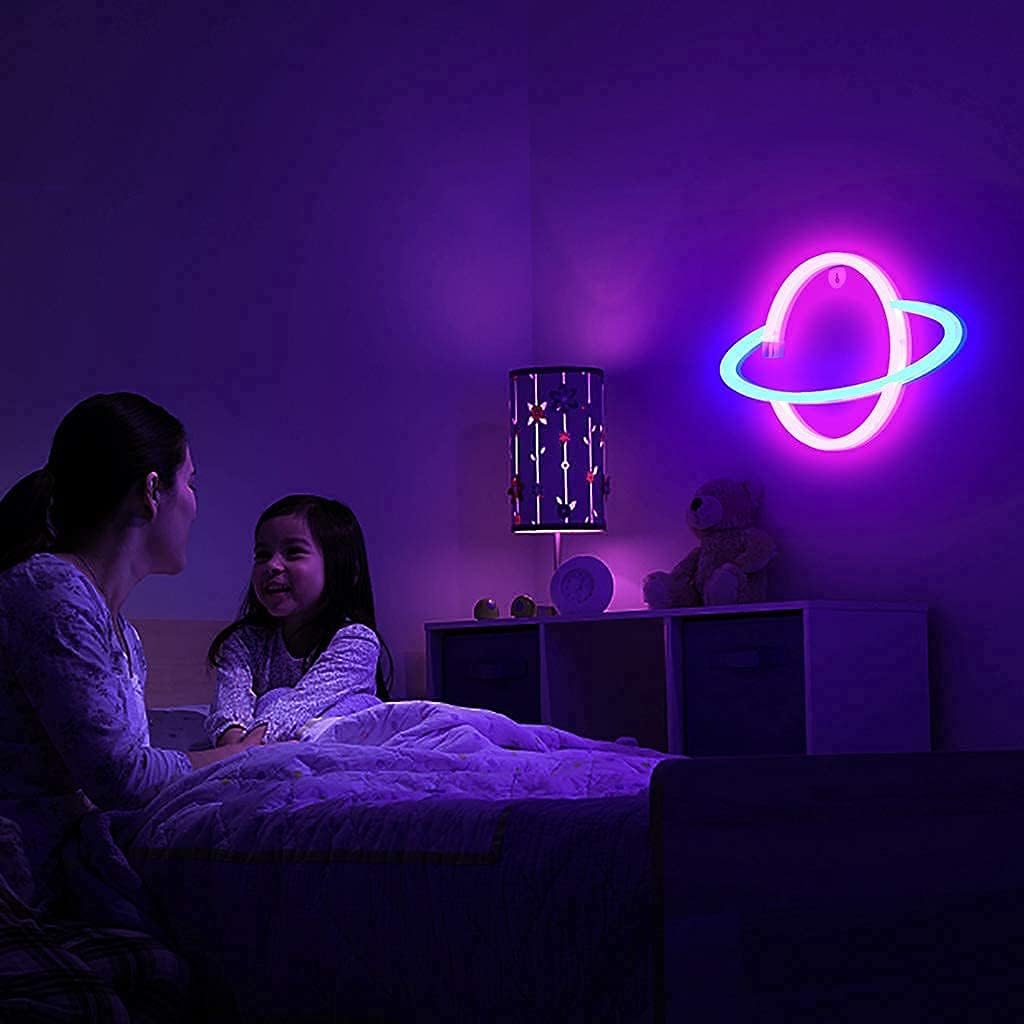 Lumoonosity Planet LED Wall Light - Fun Birthday Gift for Kids Room Decor, Saturn Shaped Neon Style Night Light, Cool Surface USB Powered 5V