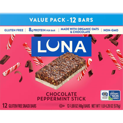 LUNA Bar Chocolate Peppermint Stick – Wholesome Chocolate Peppermint Treat for a Calmer Office Snack Ritual, 12-Count