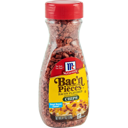 made from textured soy flour flavored and colored to mimic real bacon pieces