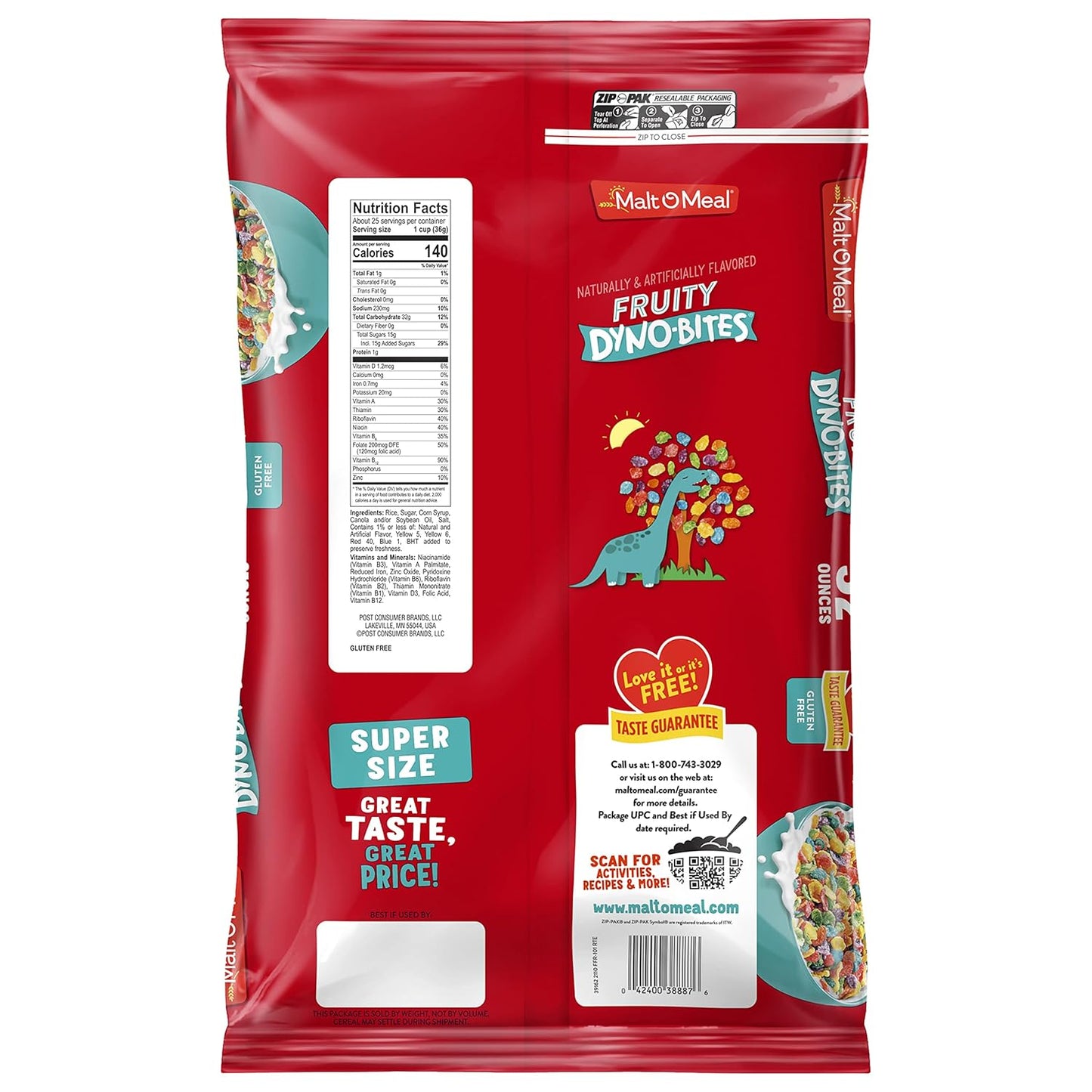 Malt-O-Meal Fruity Dyno Bites Cereal, Less Is More Gluten Free Pantry Staple for Shared Breakfast, 25 OZ Resealable Bag