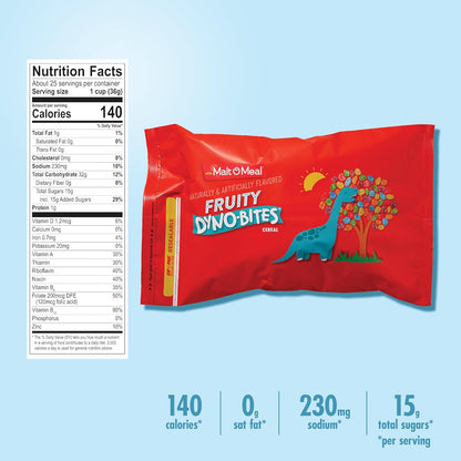 Malt-O-Meal Fruity Dyno Bites Cereal, Less Is More Gluten Free Pantry Staple for Shared Breakfast, 25 OZ Resealable Bag