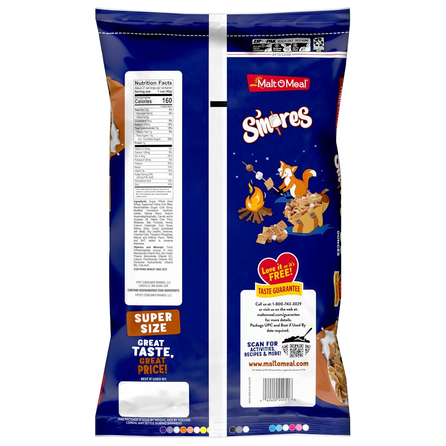 Malt-O-Meal S'mores Cereal – Mess-Free Outdoor Treat for Patio Snacking and Backyard S'mores Nights, 30 oz