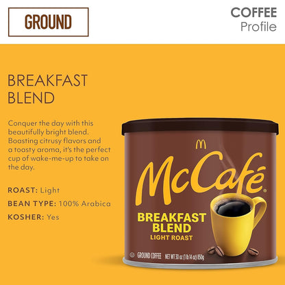 McCafe Breakfast Blend Light Roast Ground Coffee, 30 oz Canister – Smooth Cup for the Shared Break Room and Office Pantry