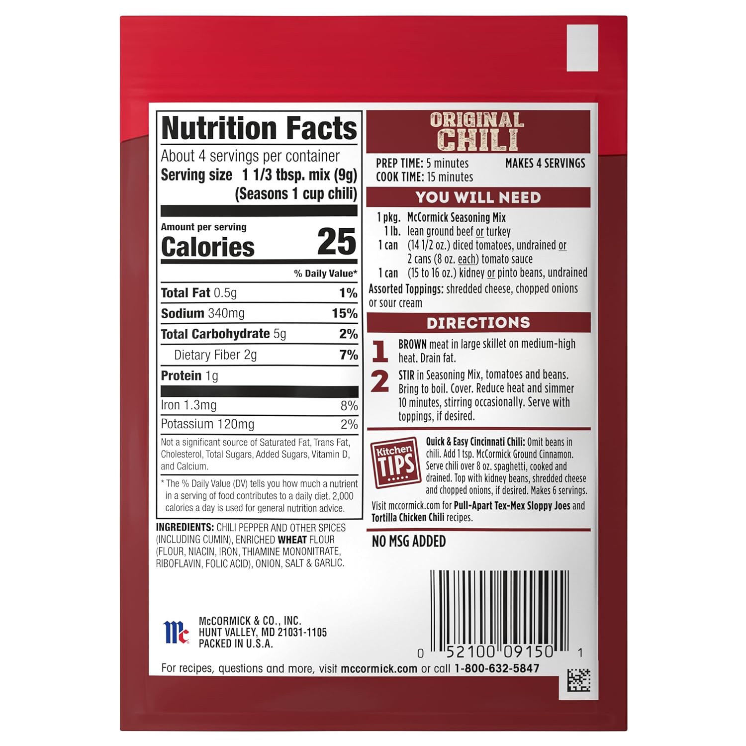 McCormick Original Chili Seasoning Mix for Efficient Meal Prep, 4 Servings Per Packet