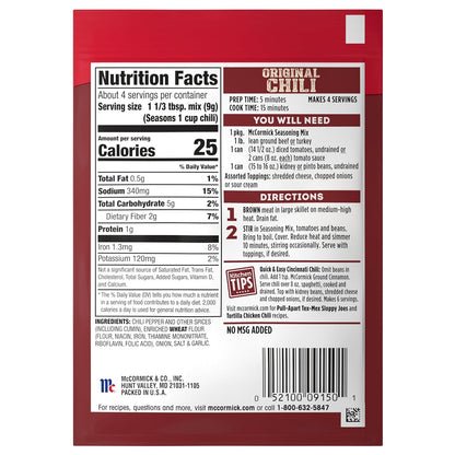 McCormick Original Chili Seasoning Mix for Efficient Meal Prep, 4 Servings Per Packet