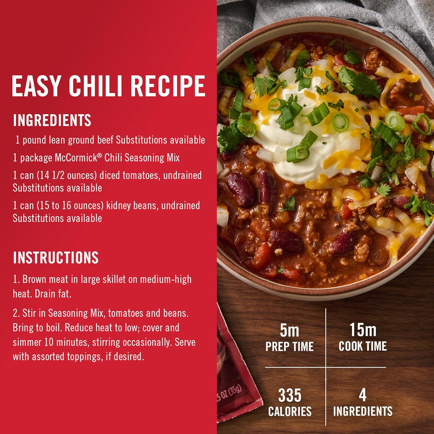 McCormick Original Chili Seasoning Mix for Efficient Meal Prep, 4 Servings Per Packet