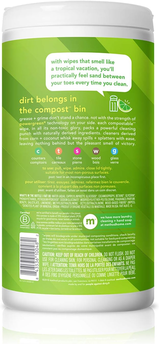Method Lime & Sea Salt All-Purpose Wipes for Intentional Living, Neutral Scent and Clean Look in One Simple Canister