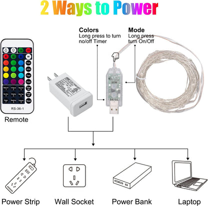 Minetom Color Changing String Lights - 33 ft 100 LED Aesthetic Dorm Room and Bedroom Accent Lighting, Flexible Silver Wire, 16 Modes Remote Included, UL Adapter