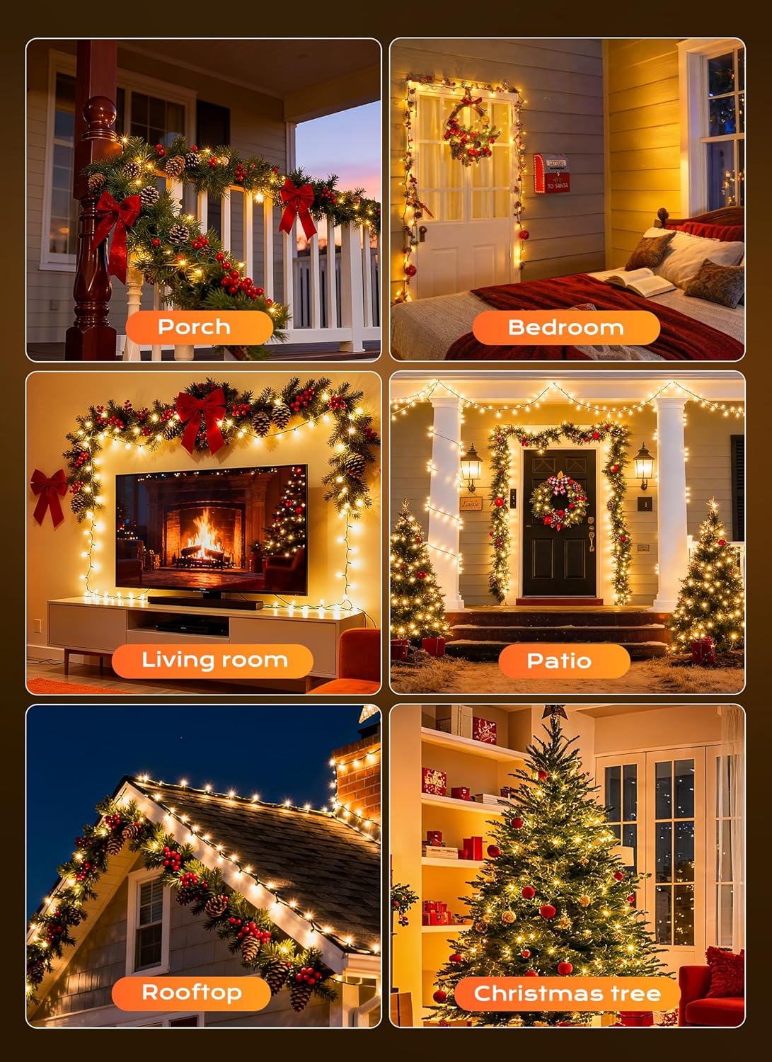Minetom LED String Lights – Christmas Tree and Fireplace Mantel Decor, Soft Warm White Glow
