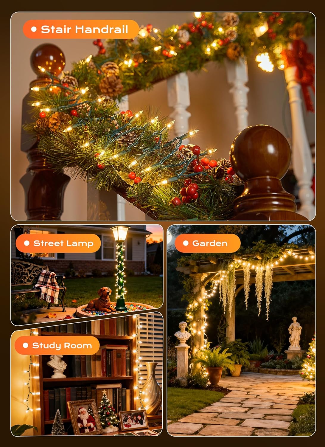 Minetom LED String Lights – Christmas Tree and Fireplace Mantel Decor, Soft Warm White Glow