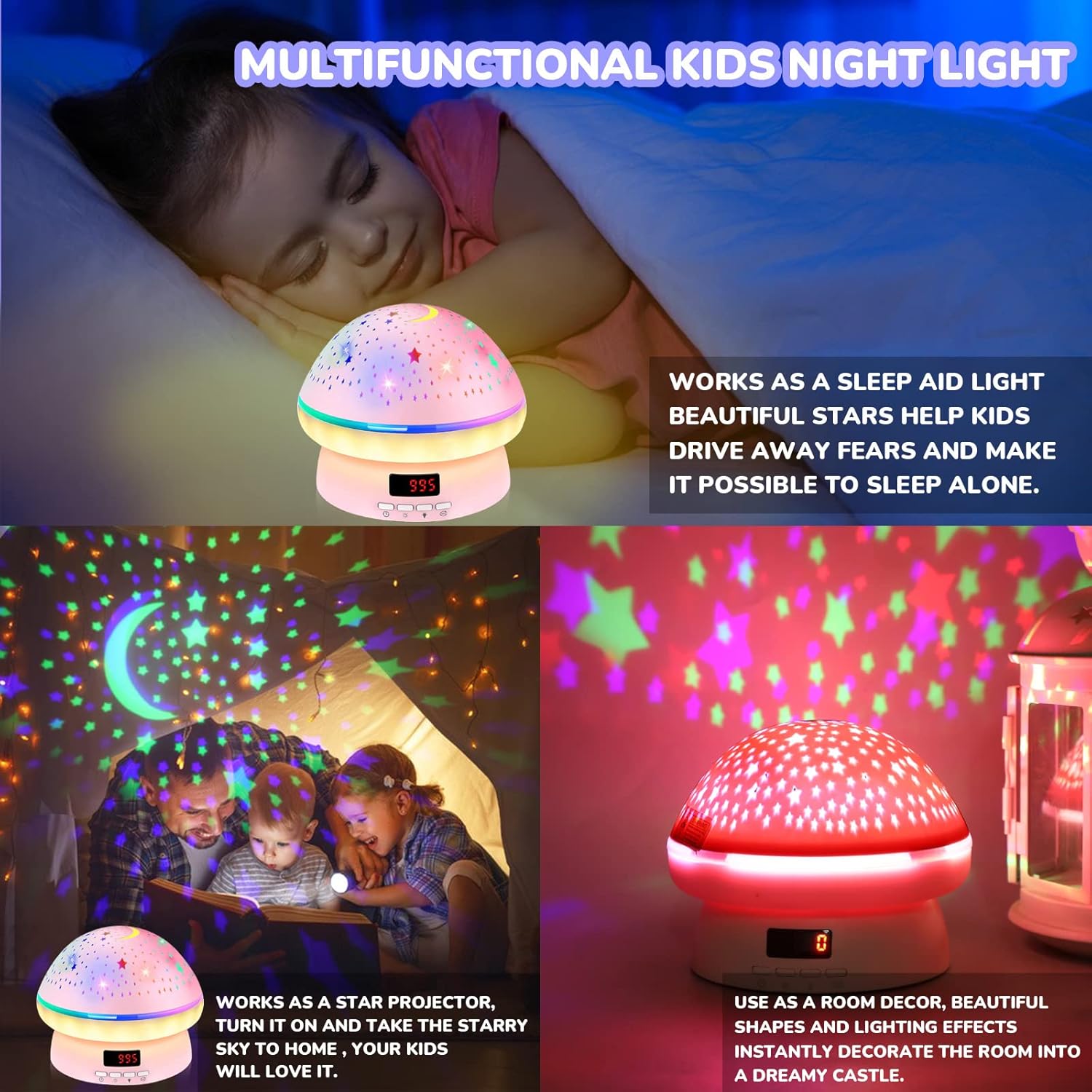 MINGKIDS Kawaii Night Light for Boys and Girls Ages 3-8 – Wall Plug Star Projector with White Noise for Sleep Training