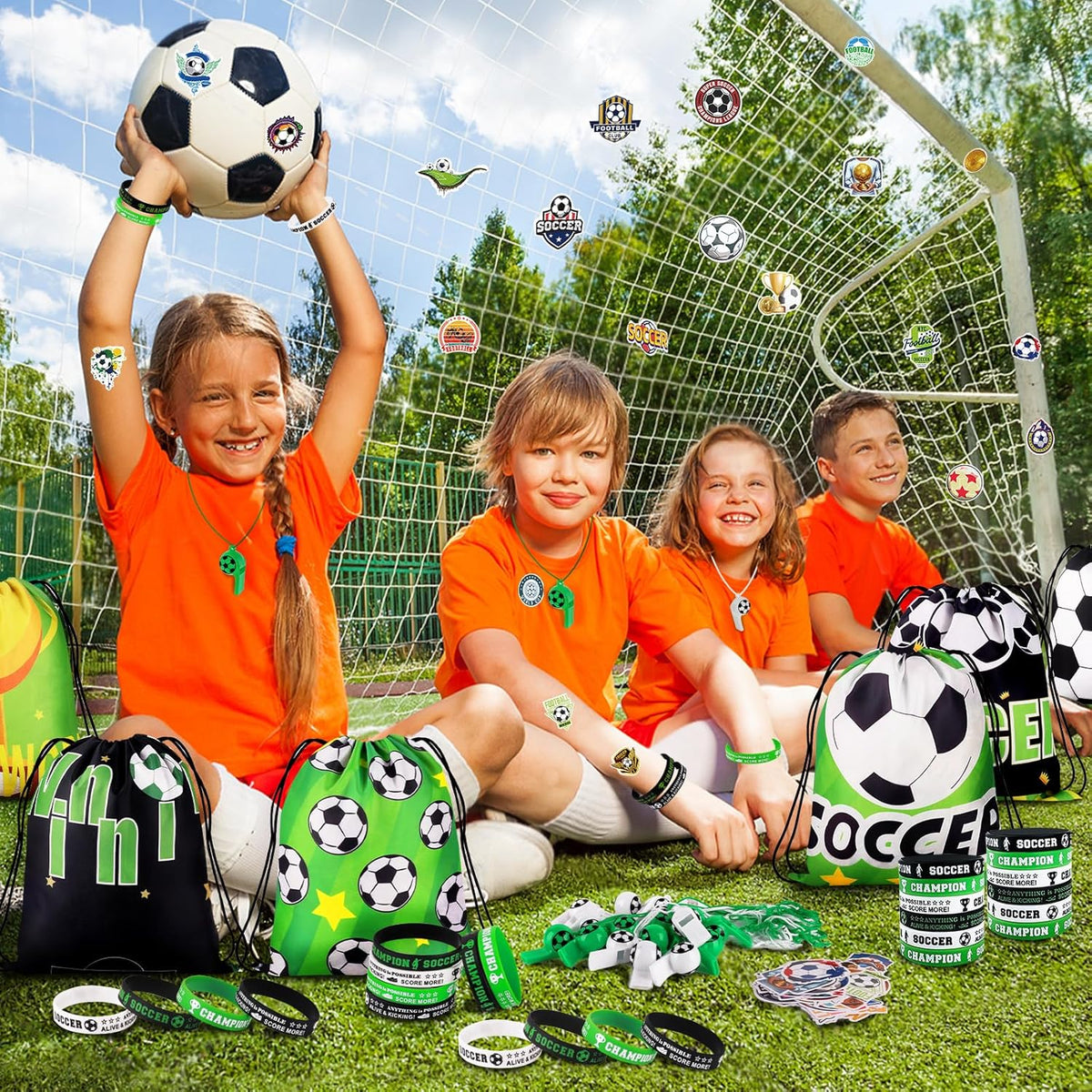 Miucat 98Pcs Soccer Party Favors – Safe Goodie Bag Set for Kids' Birthday Party with Silicone Bracelets and Whistles