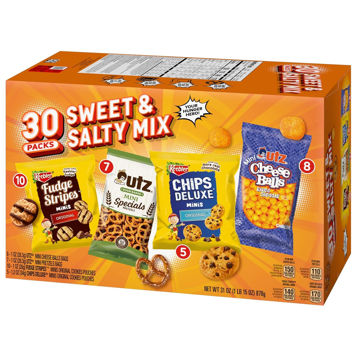 mixed contents: chocolate chip cookies, fudge-striped cookies, mini pretzels, and cheese balls