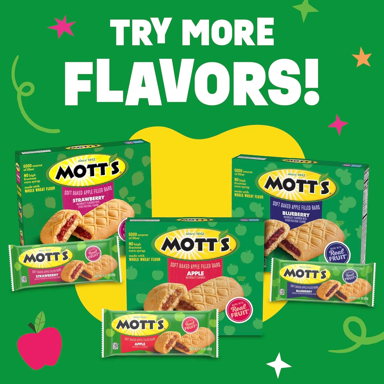 Mott's Soft Baked Apple Filled Bars – Travel-Friendly Real Fruit Snack for Commuters and Errand Runs, 5 Pack