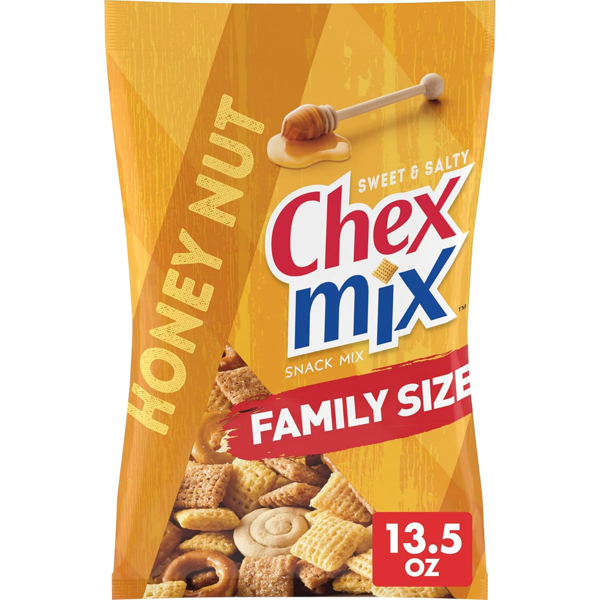 multi-component blend: corn chex cereal, wheat chex cereal, pretzels, mini vanilla breadsticks, and vanilla swirl cookies