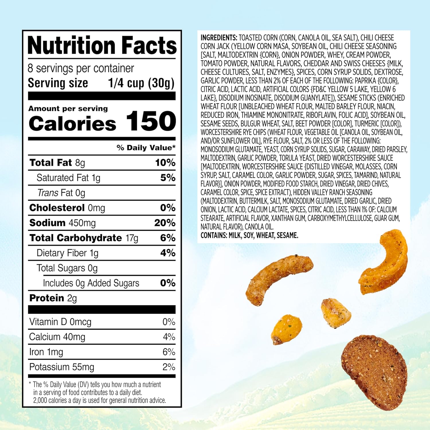 multi-component blend: toasted corn, chili cheese corn jacks, sesame sticks, and rye chips