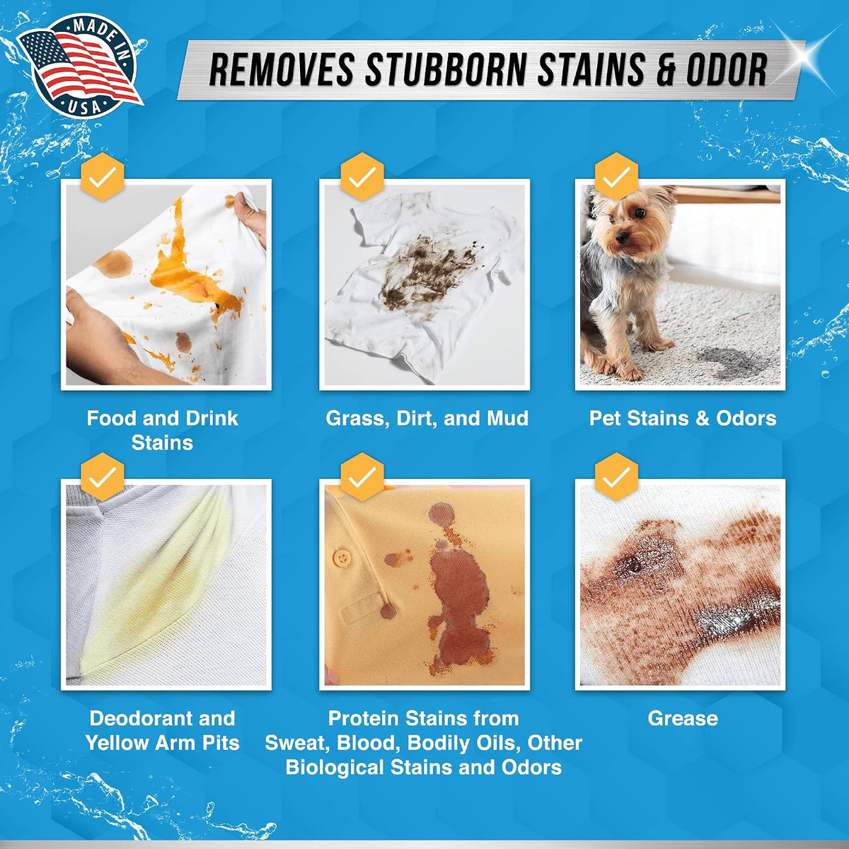 multi-stain targeting for sweat, blood, oil, grease, and funk