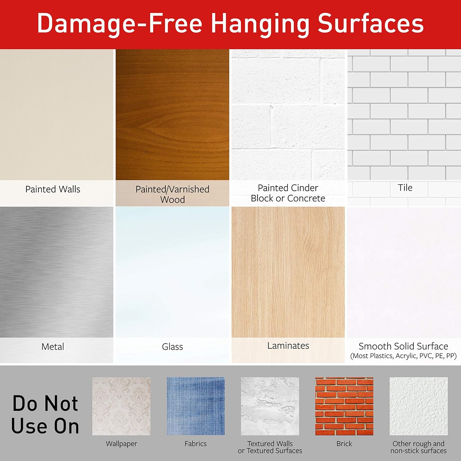 multi-surface compatibility including painted drywall, metal, tile, glass, laminate, finished wood, and painted concrete