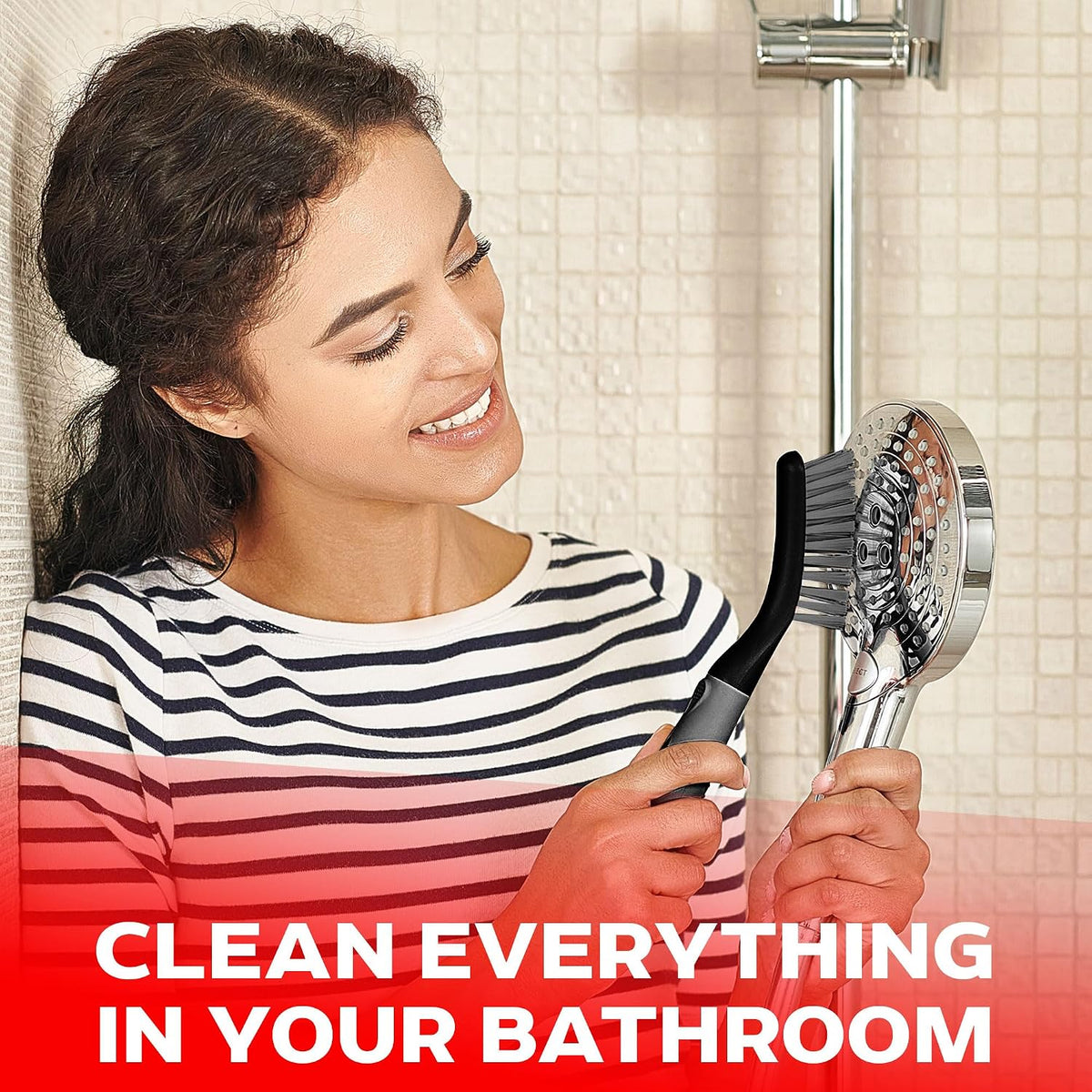 multi-surface compatibility: tile, grout, shower, bathtub, carpet, and floor