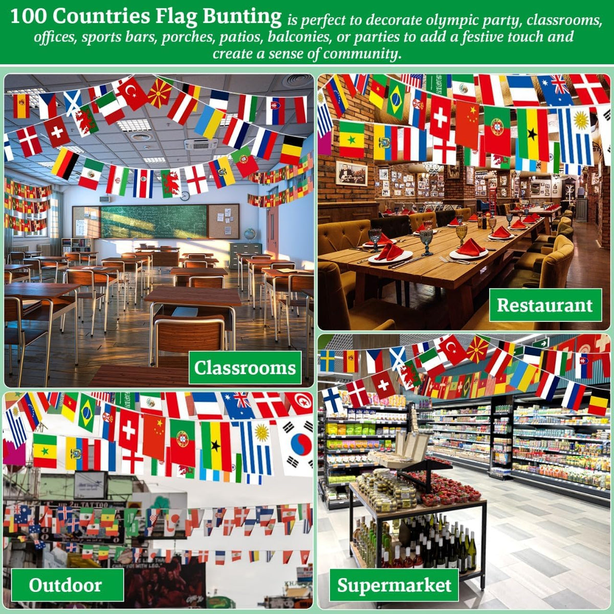 Multicultural Home Decor Flag String – 100 Nations Bunting for Statement Walls & Ambient Room Design