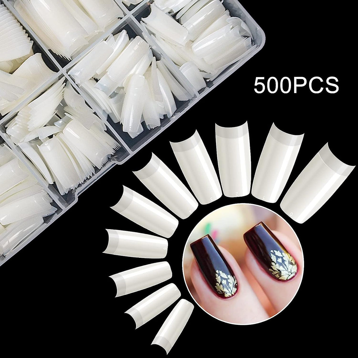 multiple product line variants: clear, matte, french, almond, coffin, square, and short lengths