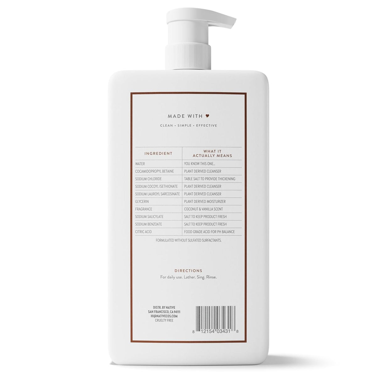 Native Coconut & Vanilla Body Wash Pump Bottle – Dermatologist-Tested for Kids' Bathroom and Family Use