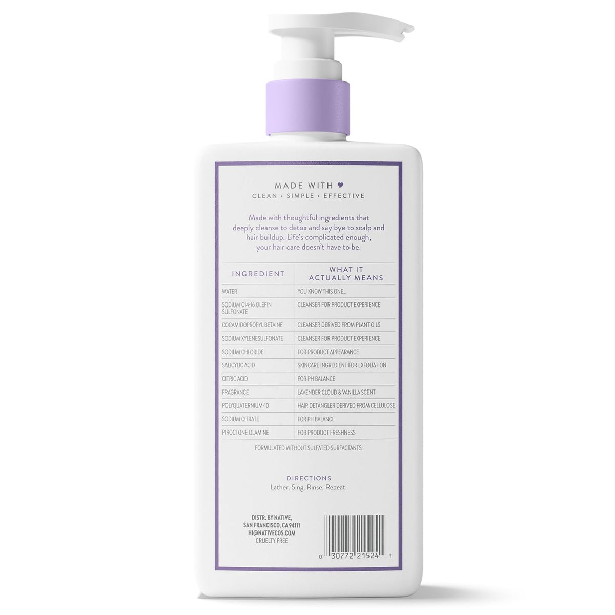 Native Scalp Detox Shampoo Lavender Cloud & Vanilla 16.5 fl oz – Calming Post-Workout Hair Reset for a Healthier Routine
