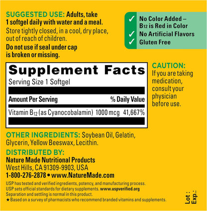 Nature Made Vitamin B12 1000 mcg – Daily Energy Support for Morning Wellness Routines, 150 Softgels, 150 Day Supply