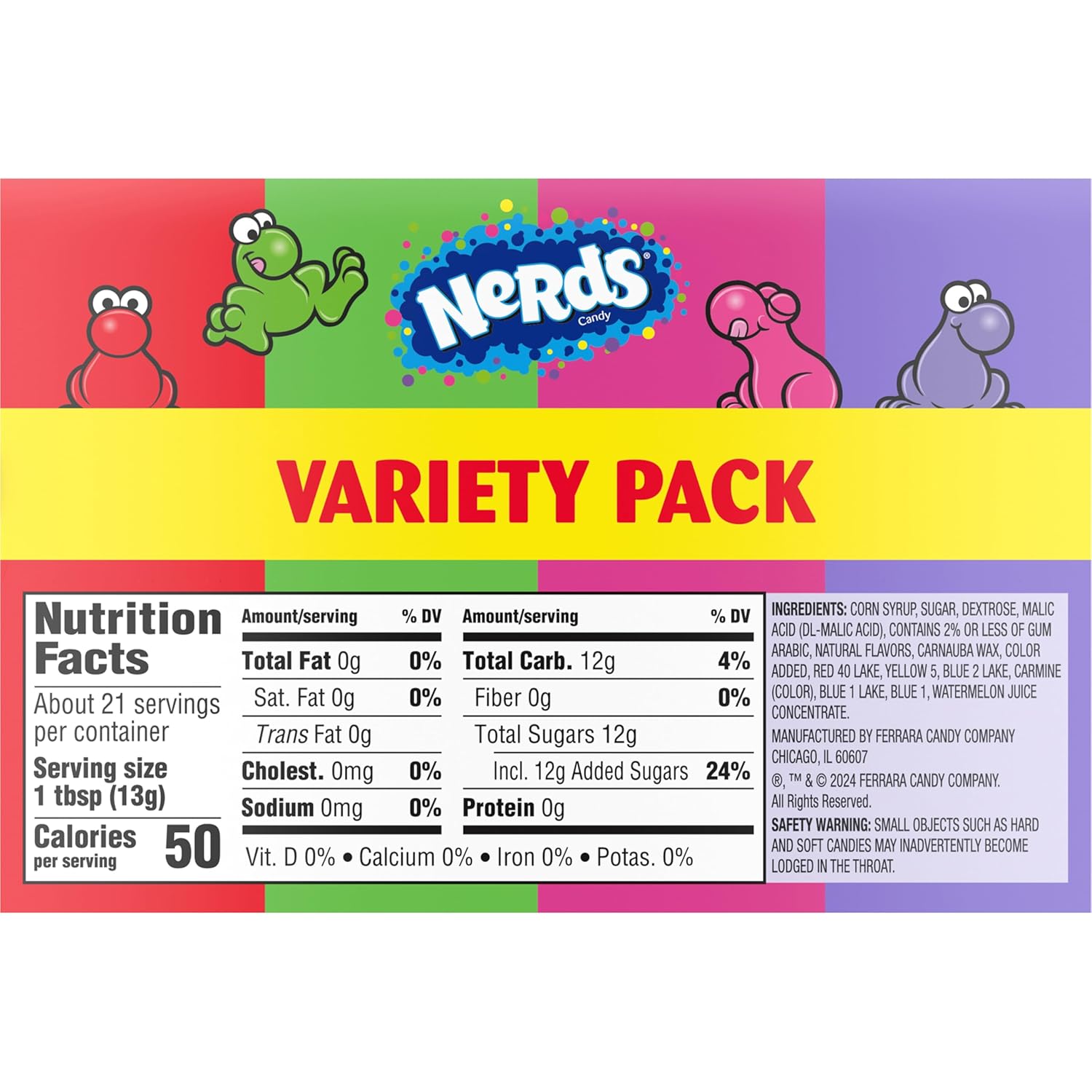 NERDS Crunchy Candy Pack – Travel-Friendly Snack for Hiking and Day Trips, Dual Flavor Grape Strawberry Watermelon Cherry, 6 Boxes
