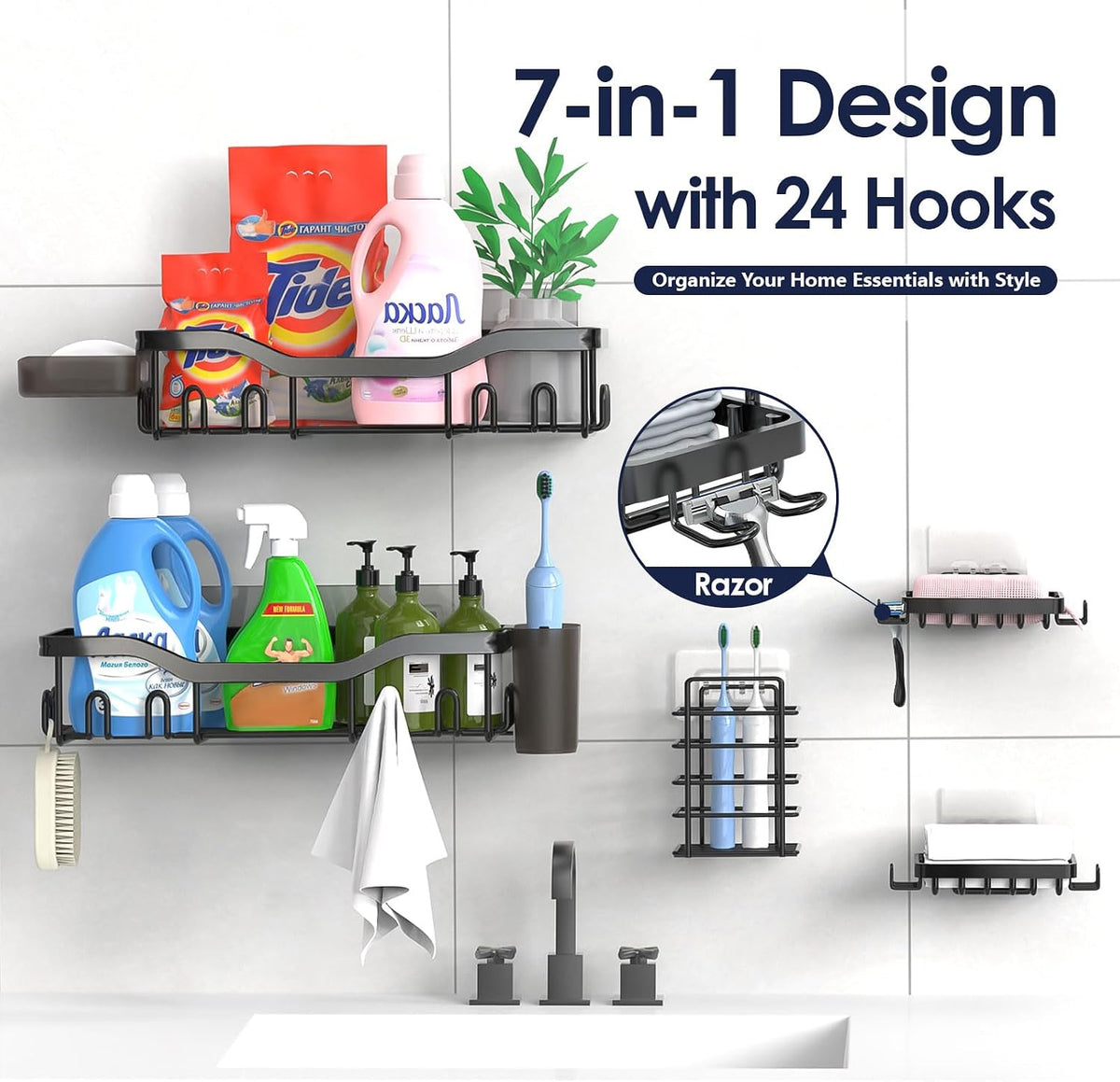 NESOMI 7-Pack Shower Caddy Adhesive – Rose Gold Bathroom Wall Organizer Coordinating with Warm Neutral Decor