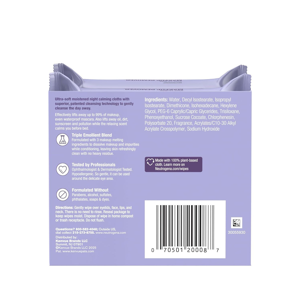 Neutrogena Night Calming Micellar Face Wipes – Streamlined Bedtime Routine with Plant-Based Cloth, 25 Count