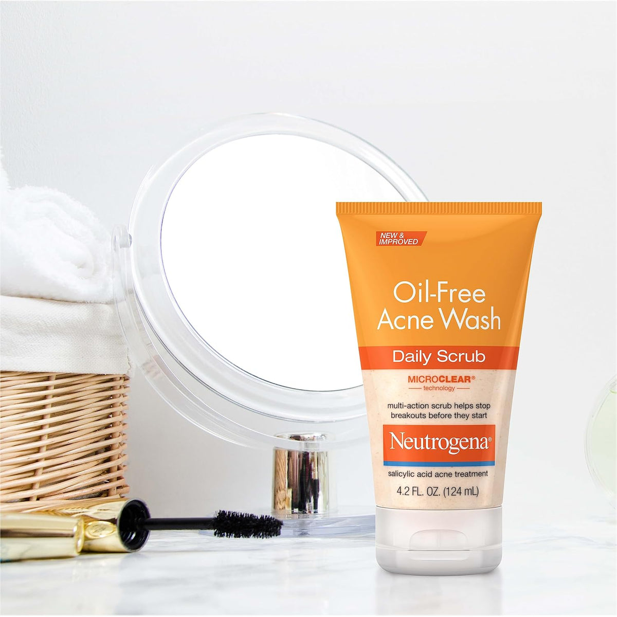 Neutrogena Oil-Free Acne Face Wash with 2% Salicylic Acid – Wellness Routine Pore Scrub for Oily, Breakout-Prone Skin