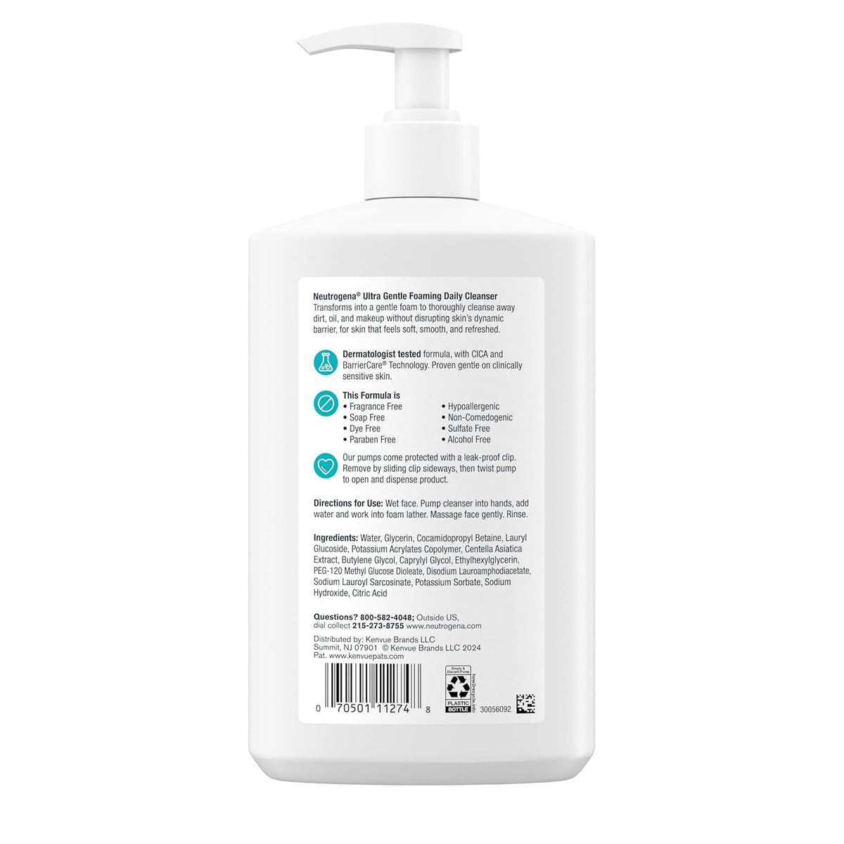Neutrogena Ultra Gentle Hypoallergenic Foaming Facial Cleanser, Fragrance Free Daily Face Wash Safe for Acne Prone and Easily Irritated Skin
