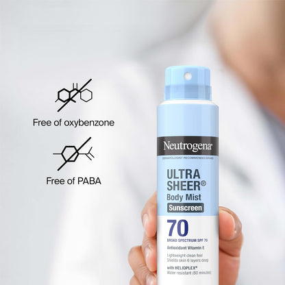 Neutrogena Ultra Sheer Body Mist Sunscreen Spray SPF 70 – On-the-Go UV Defense for Trail Running, Boating, and Pool Lounging, Non-Greasy Finish, 5 oz Pack of 3