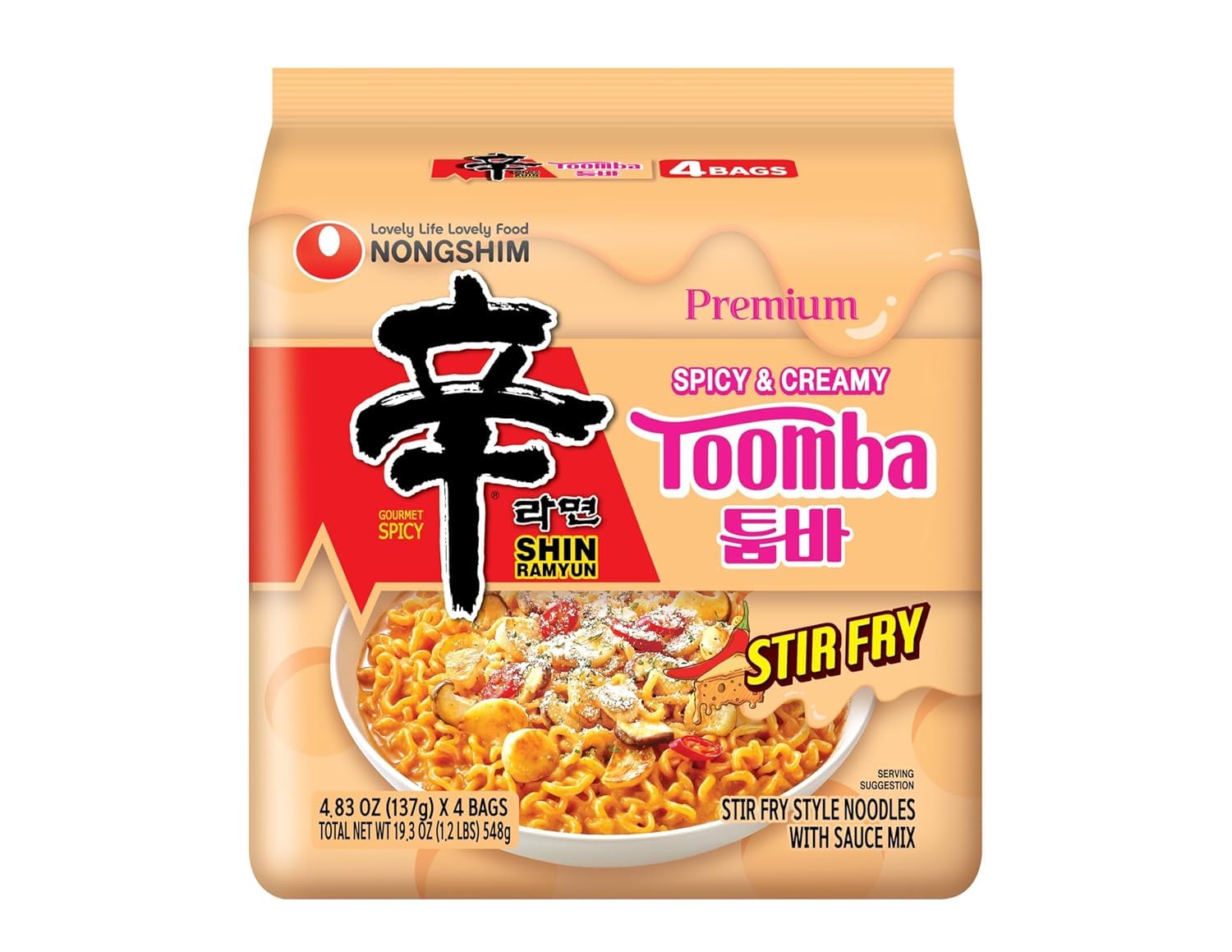 Nongshim Shin Toomba Korean Stir Fry Noodles – Ready-in-Minutes Workday Meal for Dorm Room Microwaves, 4-Pack