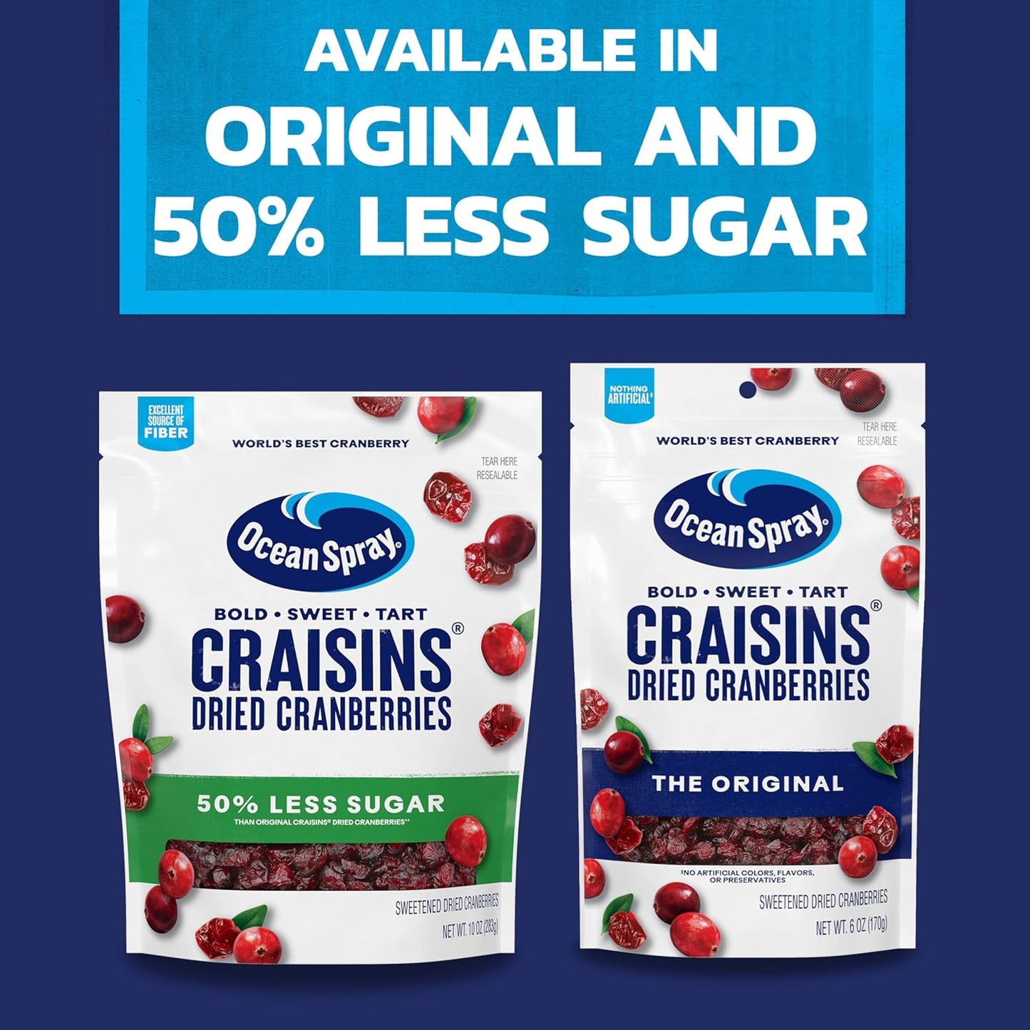 Ocean Spray Craisins 50% Less Sugar Dried Cranberries — Durable Pantry Pack for Road Trips Cabin Stays and Backcountry Fueling