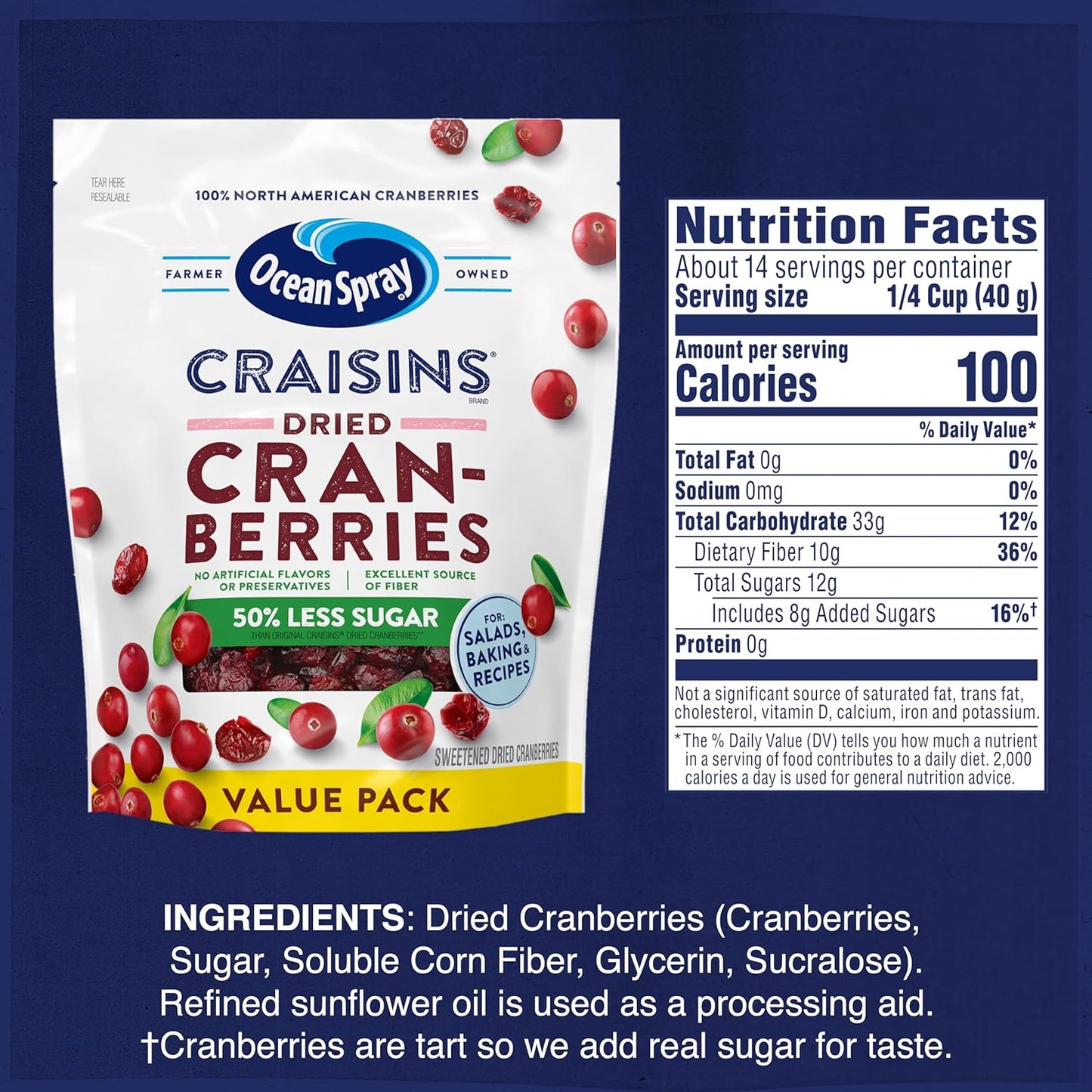 Ocean Spray Craisins 50% Less Sugar Dried Cranberries — Durable Pantry Pack for Road Trips Cabin Stays and Backcountry Fueling